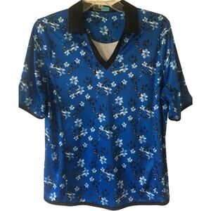 PGA Tour Large V-neck Short Sleeve Top Golf Tennis Pickle Ball Black Blue Floral